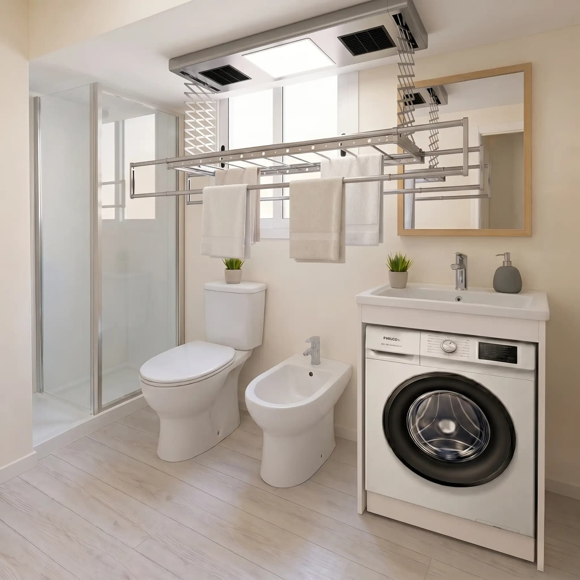 Baño equipado con lavarropas y tender de techo