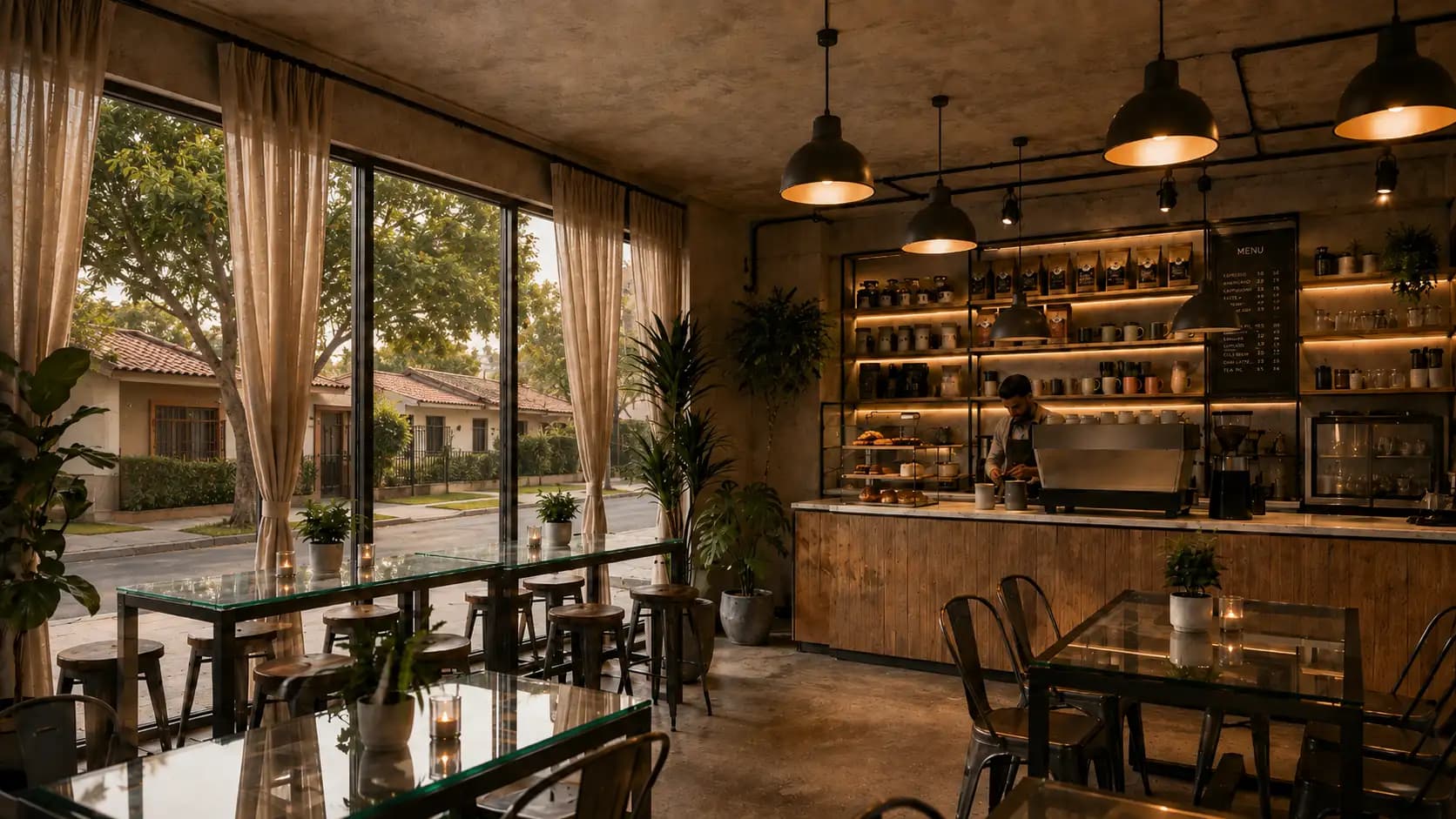 Interior de un local comercial configurado como cafetería